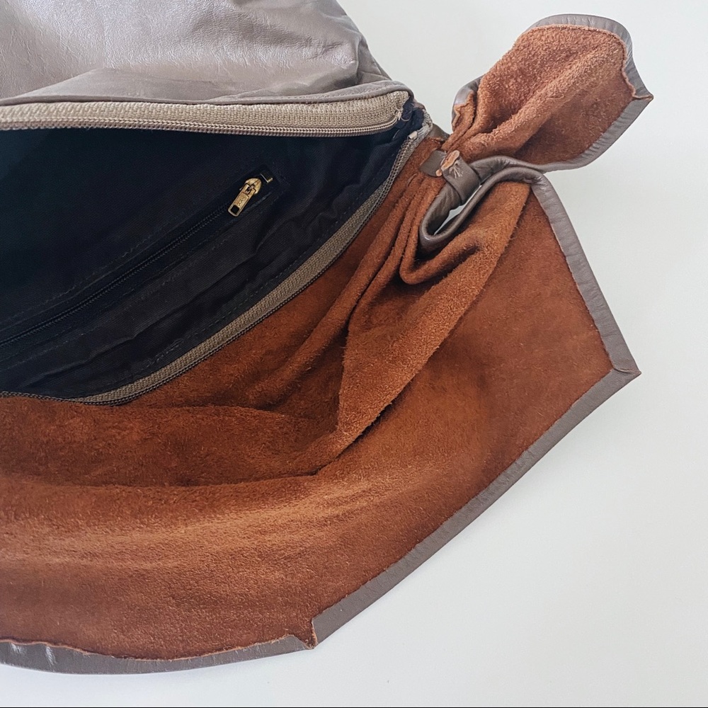 taupe brown leather foldover clutch - pleated knot bow detail handbag - Picture 5 of 8